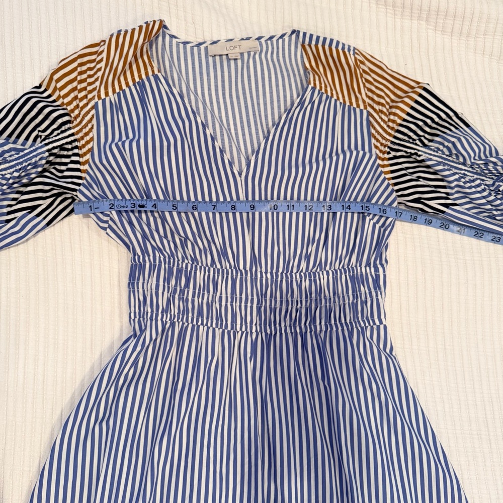 LOFT Striped Midi Dress Tie Puff Sleeve Blue Tan Minimalist Women's Dress MP - Picture 9 of 11